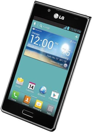 LG Splendor smartphone front view, displaying home screen with time 12:00 PM and colorful app icons on turquoise background
