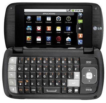 LG Genesis smartphone shown open, displaying home screen with app icons and slide-out QWERTY keyboard visible below
