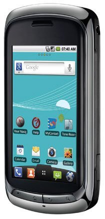 LG Genesis smartphone shown from front, displaying home screen with Google search bar and app icons on turquoise background