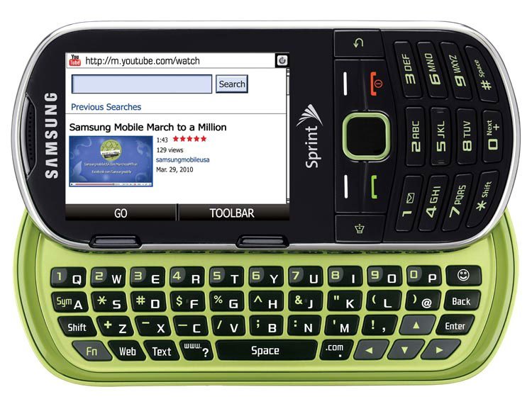 LG UX-220 phone with slide-out QWERTY keyboard, displaying YouTube search results on screen, front view
