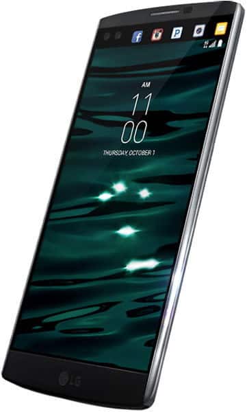 LG V10 front view with dual display screen showing time 11:00 AM and lock screen wallpaper with glowing lights