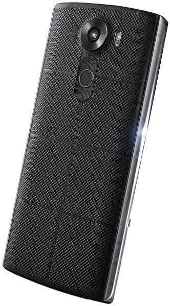 LG V10 rear view, showing black textured back panel with camera and fingerprint sensor