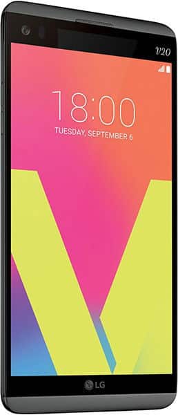 LG V20 smartphone displayed front-on, showing colorful gradient lock screen with time and date
