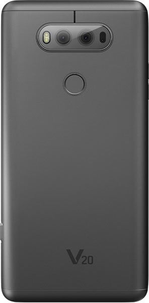 LG V20 rear view, showing dual-lens camera array and fingerprint sensor on dark gray body