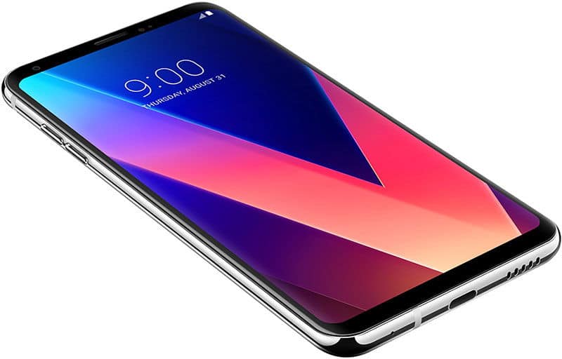 LG V30 smartphone displayed at an angle, showing its screen with a colorful gradient wallpaper and the time 9:00