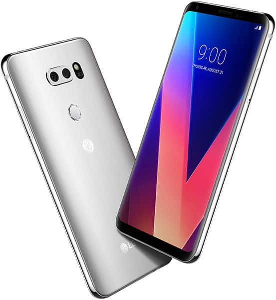 LG V30 smartphone shown from rear and front angles, silver finish with triple camera setup and colorful gradient display showing 9:00 time