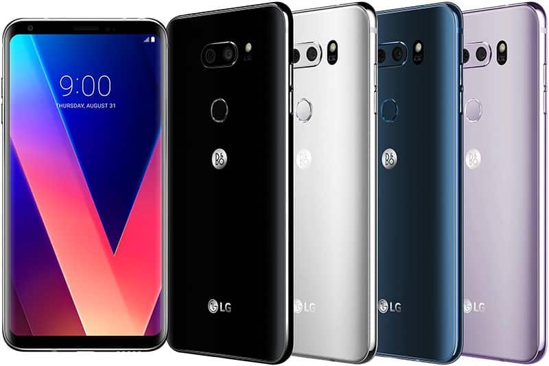 LG V30 smartphone displayed from front and rear in black, white, blue, and purple color options