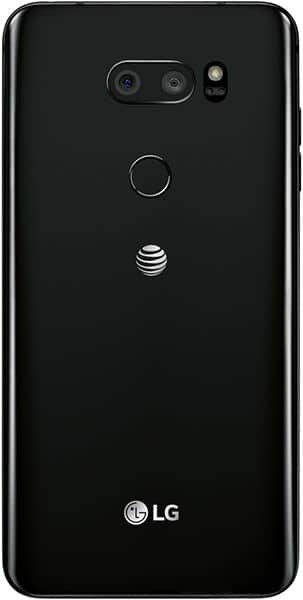 LG V30 rear view showing dual camera, fingerprint sensor, and AT&T branding on black background