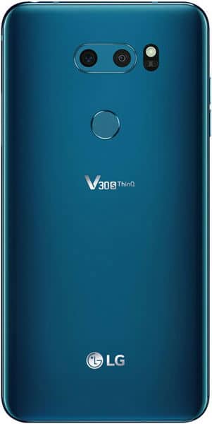 LG V30S ThinQ rear view, blue finish with dual camera lenses, fingerprint sensor, and LG logo visible