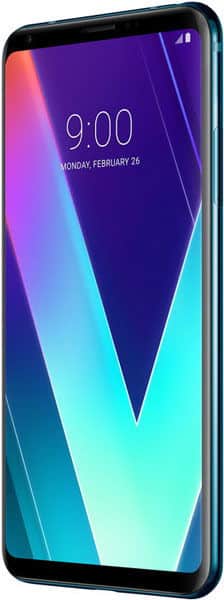 LG V30S ThinQ smartphone front view, displaying home screen with time and date on vibrant purple and cyan gradient wallpaper