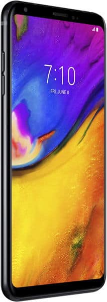LG V35 ThinQ front view showing colorful abstract lock screen display with time 7:10 and date