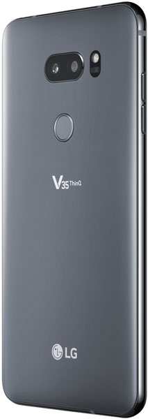 LG V35 ThinQ rear view, showing dual-lens camera, fingerprint sensor, and gray finish