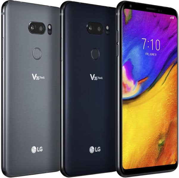 LG V35 ThinQ rear and front views in gray and black, showing dual cameras, fingerprint sensor, and colorful display