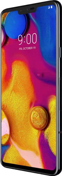 Front view of LG V40 ThinQ in black showing lock screen, colorful wallpaper, 9:00 time, date, and top camera notch.