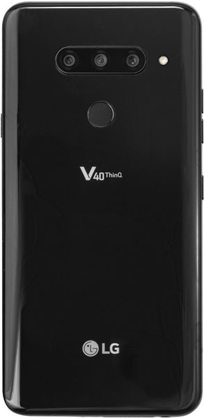 Rear view of black LG V40 ThinQ showing triple cameras, fingerprint sensor, flash, and LG/V40 ThinQ branding.