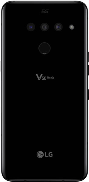 Rear view of LG V50 ThinQ in black with triple cameras, fingerprint sensor, LED flash, and prominent LG branding.