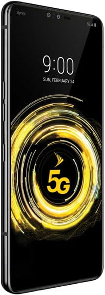 Front view of black LG V50 ThinQ showing 5G logo on screen, time 9:00, date Feb 24, and Sprint branding at top left.