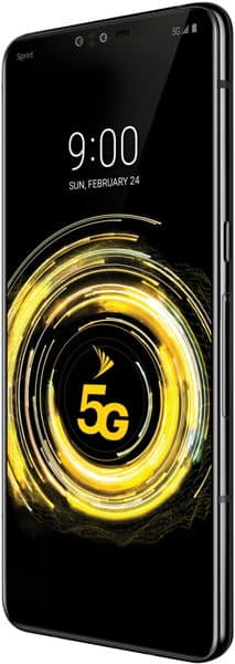 Black LG V50 ThinQ shown at an angled front view, screen on with time 9:00, date Feb 24, and yellow Sprint 5G logo.