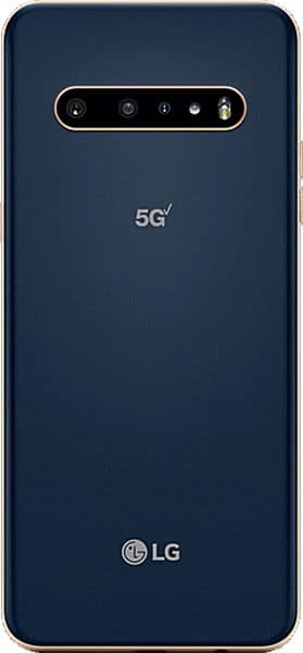 LG V60 ThinQ rear view, dark blue with gold trim, showing quad camera array and 5G branding