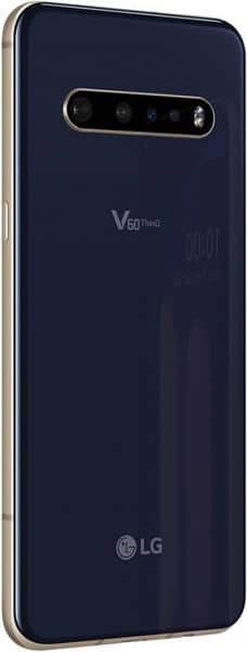 LG V60 ThinQ rear view, dark blue back with quad camera array and LG logo
