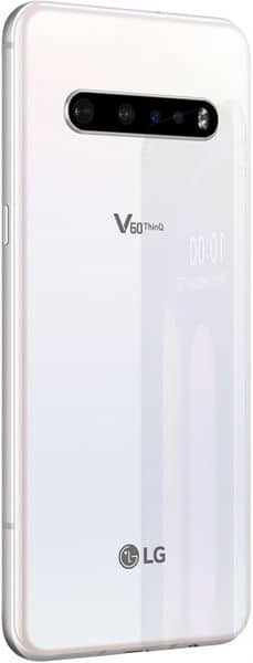 LG V60 ThinQ rear view, white phone with horizontal camera array and LG logo visible
