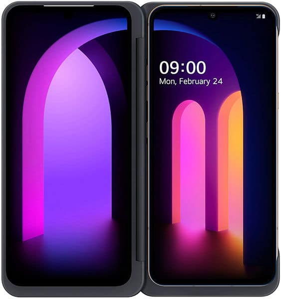 LG V60 ThinQ dual-screen phone displayed open, showing colorful gradient wallpapers on both displays