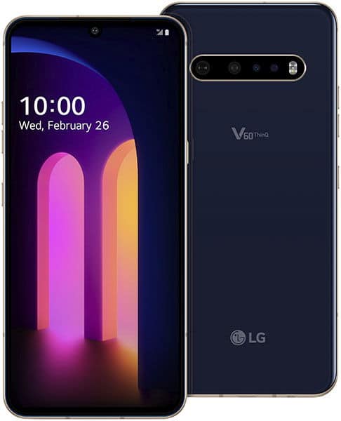 LG V60 ThinQ front and rear views, dark blue phone with colorful lock screen displaying time and date