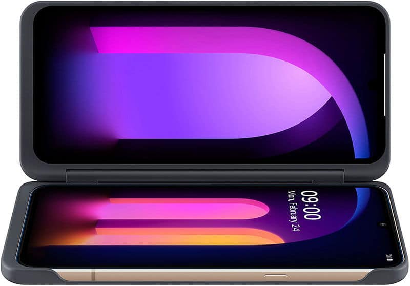 LG V60 ThinQ dual-screen phone, open position, displaying colorful gradient wallpapers on both upper and lower displays