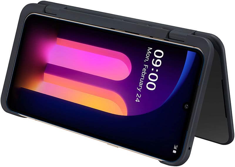 LG V60 ThinQ open in dual-screen mode, displaying colorful gradient wallpaper with time and date on screen