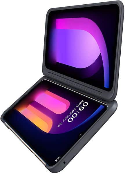 LG V60 ThinQ open dual-screen phone showing colorful gradient display on both screens
