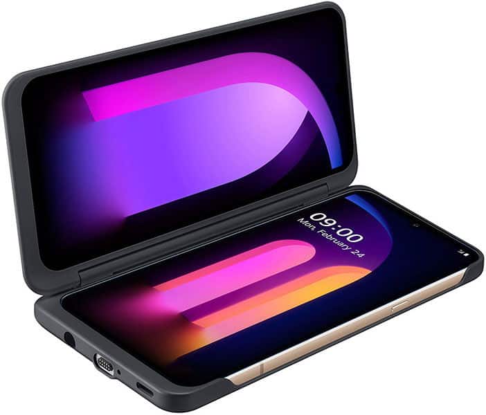 LG V60 ThinQ dual-screen phone with main display open showing colorful gradient wallpaper, secondary screen displaying time and widgets