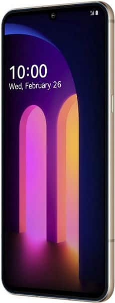 LG V60 ThinQ front view, displaying lock screen with time and date on dark display with colorful gradient wallpaper
