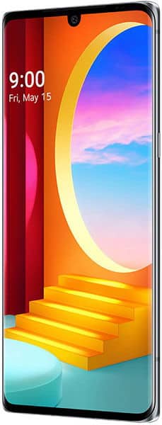 Front view of a modern smartphone with curved edge display, date/time top left, and abstract art background visible on screen.