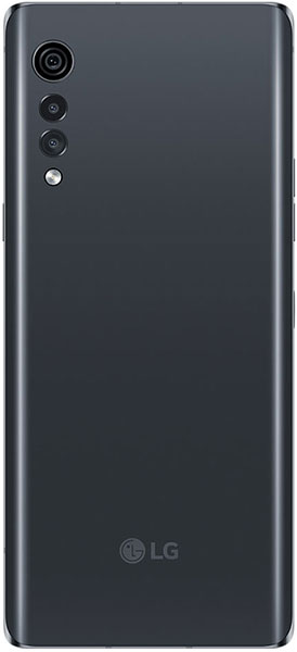 Rear view of black LG Velvet showing three vertical cameras, flash at top left, and LG logo at lower back.