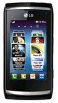 LG Viewty Smart phone, front view, displaying home screen with app icons and green accent trim