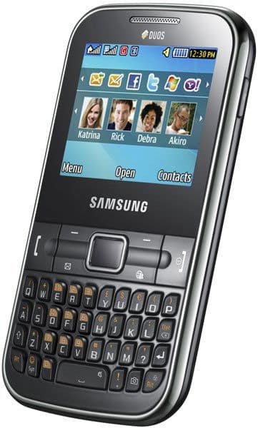 Samsung Chat 322 front view showing color display with contacts, QWERTY keyboard, and navigation buttons
