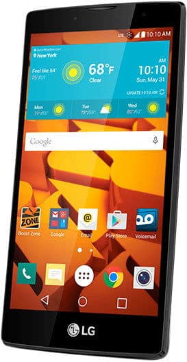 Front view of black LG Volt 2 smartphone showing home screen, app icons, 68°F clear weather, and 10:10 AM on May 31.