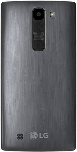 Rear view of gray LG Volt 2 smartphone showing brushed metal finish, rear camera, flash, buttons, speaker holes, and LG logo.