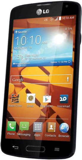 LG Volt smartphone front view with screen displaying home screen widgets and app icons in orange and blue colors