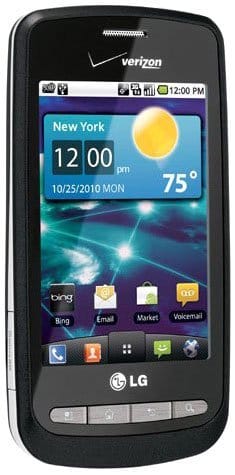 Front view of black LG Vortex showing home screen, Verizon branding, weather, app icons, time, and four physical buttons below display.