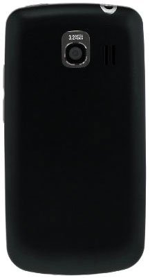 Rear view of LG Vortex in black showing top-center 3.2MP camera, flash on the side, and two vertical speaker slits to the right.
