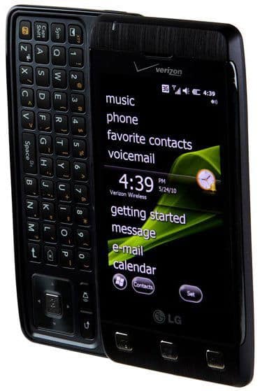 LG Fathom front with slide-out QWERTY keyboard, displaying home screen with music, phone, contacts, and messaging features
