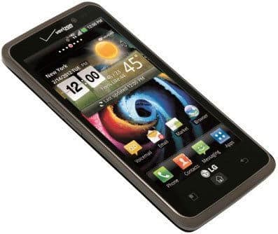 LG Spectrum smartphone displayed at front angle, showing home screen with weather widget, time, and app icons