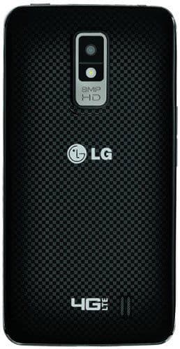 LG Spectrum rear view showing black textured back, dual camera with flash, and LG branding