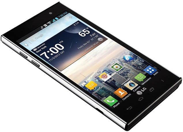 LG Spectrum 2 smartphone displayed front-facing, showing home screen with time, weather, and app icons on black screen