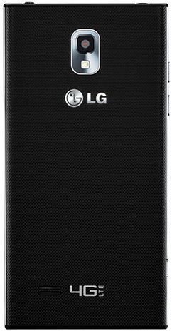 LG Spectrum 2 rear view, black textured back with dual camera and flash, LG logo, 4G LTE text visible