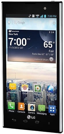 LG Spectrum 2 smartphone displayed front-on, showing home screen with weather widget, time 7:00, and app icons including Phone, Camera, Messaging, and Apps