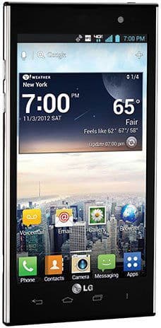 LG Spectrum 2 smartphone displaying home screen with weather widget, app icons, and New York weather at 7:00 AM, shown from front angle
