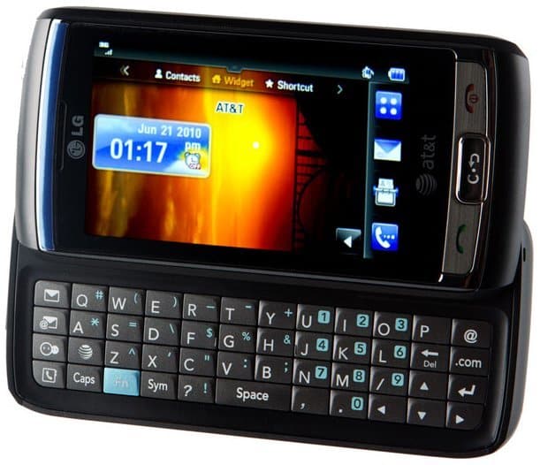 LG Vu Plus front view with touchscreen displaying home screen and slide-out QWERTY keyboard visible below