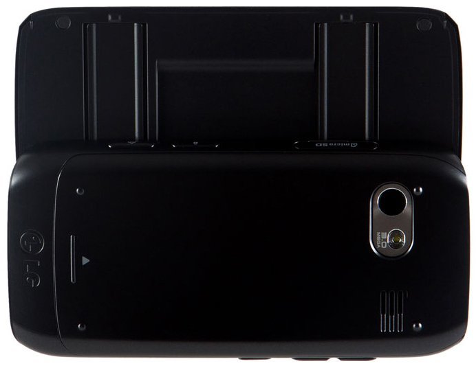 LG Vu Plus rear view, black phone with dual camera and open screen displaying home panel